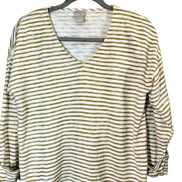 Chico’s Gold Sparkle Striped V-Neck Top Size XS - Picture 3 of 8